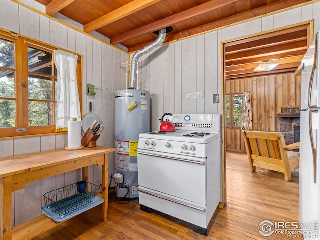 84 County Road 113 N, Allenspark, CO 80510 - kitchen featuring white appliances, water heater, wooden walls, hardwood / wood-style floors, and a wood ceiling with exposed beams