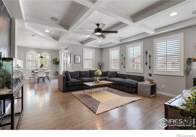 2332 Tabor St, Berthoud, CO 80513 - living area featuring wood finished floors, ceiling fan, coffered ceiling, beam ceiling, and recessed lighting
