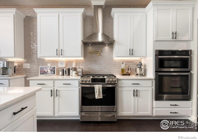 4041 Carroway Seed Dr, Johnstown, CO 80534 - kitchen featuring stainless steel appliances, wall chimney range hood, white cabinets, and decorative backsplash