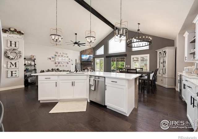 4041 Carroway Seed Dr, Johnstown, CO 80534 - kitchen with dishwasher, a chandelier, light countertops, dark wood finished floors, and hanging light fixtures