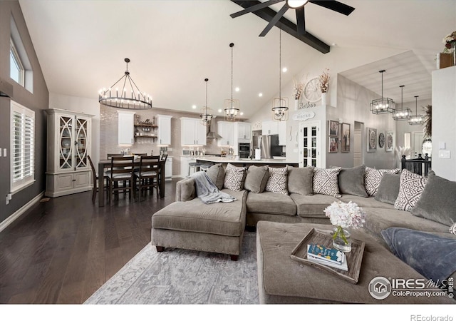 4041 Carroway Seed Dr, Johnstown, CO 80534 - living room featuring dark wood-type flooring, high vaulted ceiling, a ceiling fan, a chandelier, and beam ceiling