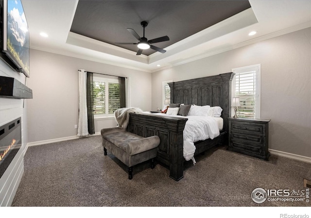 4041 Carroway Seed Dr, Johnstown, CO 80534 - bedroom with a tray ceiling, carpet flooring, a glass covered fireplace, ornamental molding, and recessed lighting