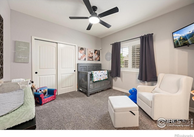 4041 Carroway Seed Dr, Johnstown, CO 80534 - carpeted bedroom featuring a closet, ceiling fan, and a crib