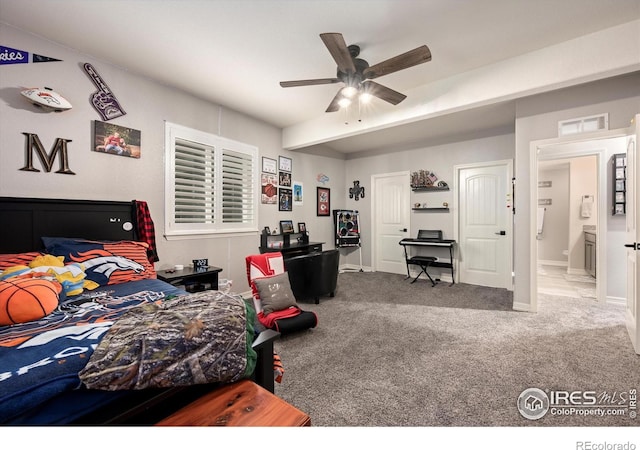 4041 Carroway Seed Dr, Johnstown, CO 80534 - bedroom featuring carpet floors, ensuite bathroom, and ceiling fan