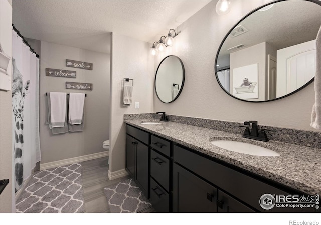 4041 Carroway Seed Dr, Johnstown, CO 80534 - full bathroom featuring a textured ceiling, double vanity, and wood finished floors