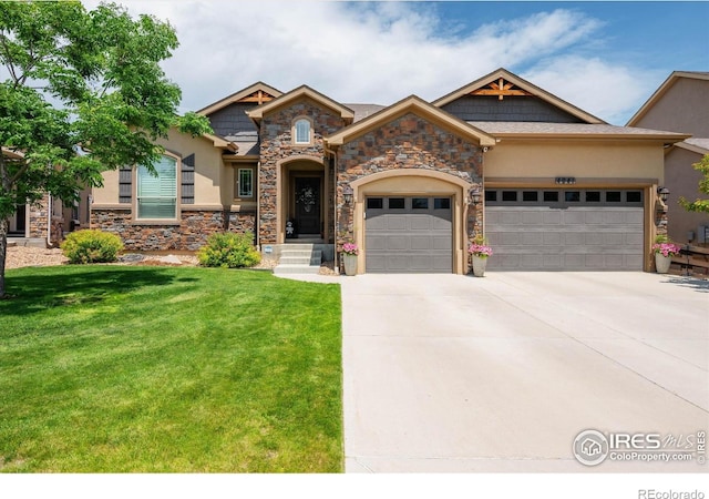 4041 Carroway Seed Dr, Johnstown, CO 80534 - craftsman-style home with stucco siding, a garage, a front lawn, driveway, and stone siding