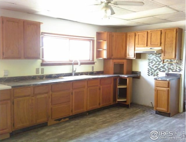 23243 Pawnee Ave, Padroni, CO 80745 - kitchen with under cabinet range hood, brown cabinets, wood finished floors, ceiling fan, and open shelves