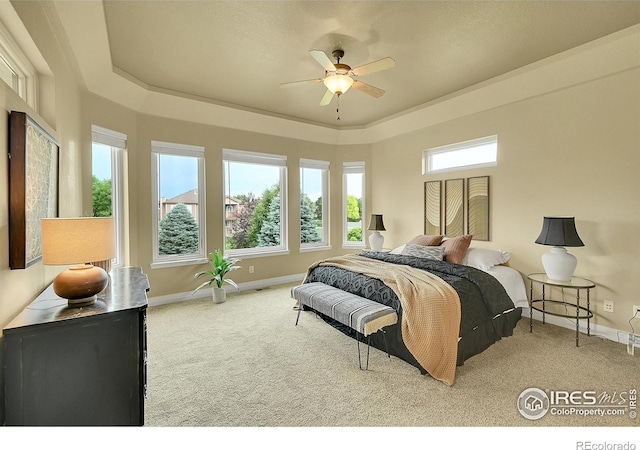 8406 Spinnaker Bay Dr, Windsor, CO 80528 - bedroom featuring carpet floors, a tray ceiling, and a ceiling fan