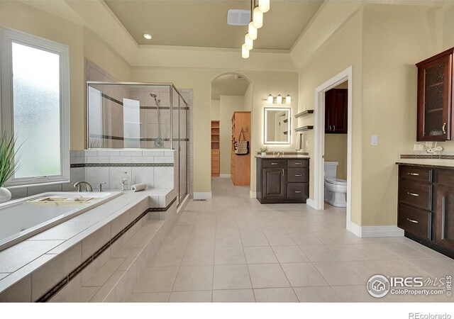 8406 Spinnaker Bay Dr, Windsor, CO 80528 - bathroom featuring vanity, a stall shower, a garden tub, tile patterned flooring, and track lighting
