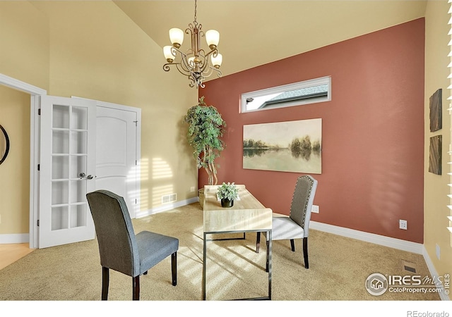 8406 Spinnaker Bay Dr, Windsor, CO 80528 - carpeted dining area with a chandelier and high vaulted ceiling