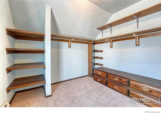1906 Miner St, Idaho Springs, CO 80452 - spacious closet featuring carpet floors, vaulted ceiling, and a baseboard radiator