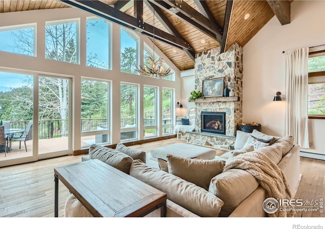 148 Granite Dr, Boulder, CO 80302 - living room featuring a wood ceiling with exposed beams, plenty of natural light, high vaulted ceiling, hardwood / wood-style floors, and a stone fireplace
