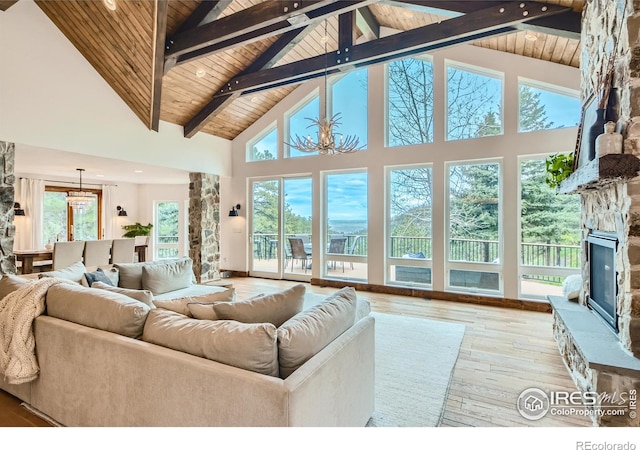 148 Granite Dr, Boulder, CO 80302 - living room featuring a chandelier, a wooden ceiling with exposed beams, a fireplace, high vaulted ceiling, and hardwood / wood-style flooring