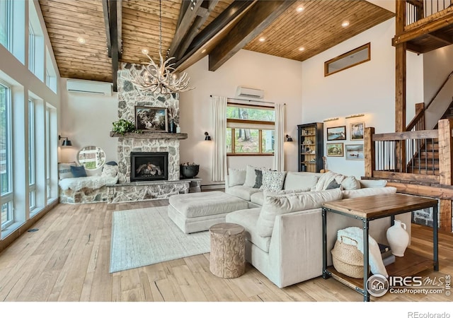 148 Granite Dr, Boulder, CO 80302 - living room featuring a wall mounted air conditioner, a wood ceiling with exposed beams, hardwood / wood-style flooring, high vaulted ceiling, and a fireplace