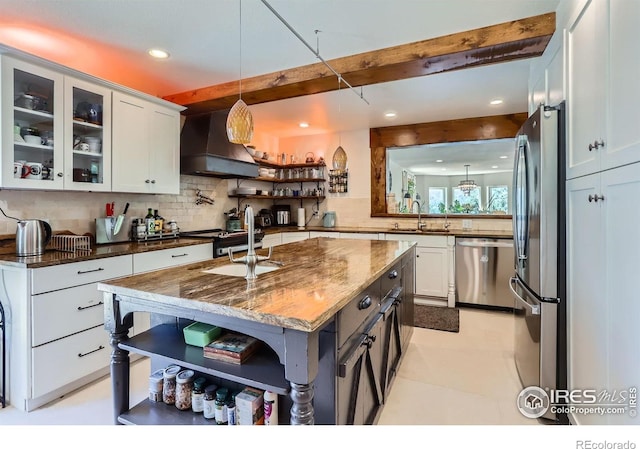 148 Granite Dr, Boulder, CO 80302 - kitchen featuring appliances with stainless steel finishes, open shelves, premium range hood, backsplash, and recessed lighting