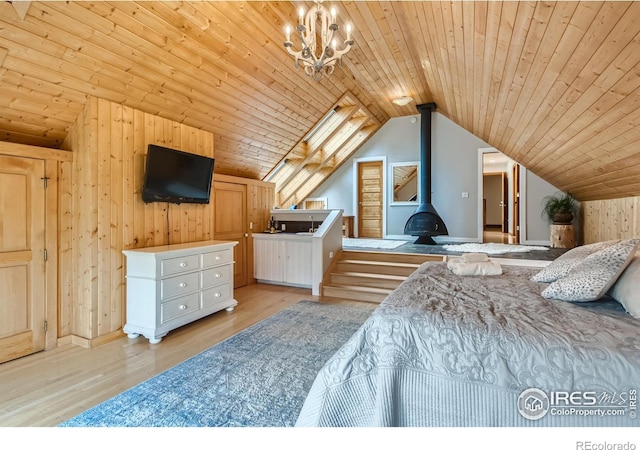148 Granite Dr, Boulder, CO 80302 - bedroom with lofted ceiling, a wood stove, wood walls, wood ceiling, and a chandelier