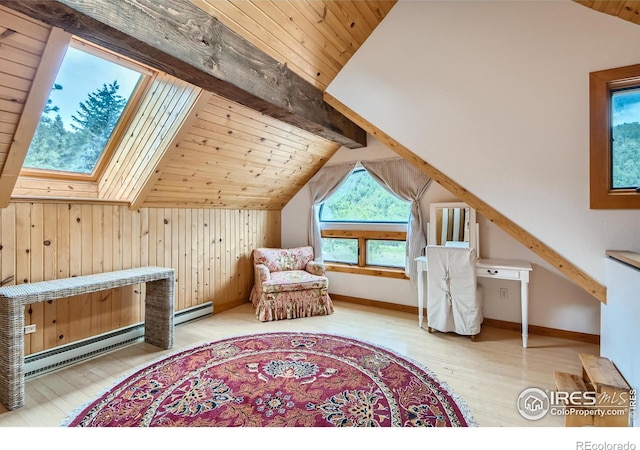 148 Granite Dr, Boulder, CO 80302 - sitting room with lofted ceiling, wood-type flooring, wood walls, wooden ceiling, and a baseboard radiator
