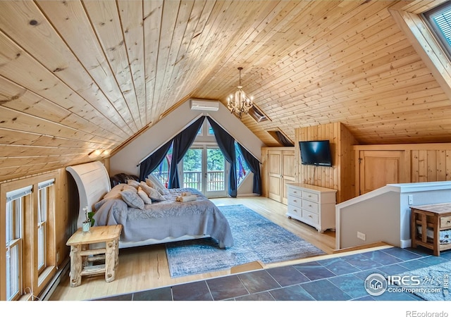 148 Granite Dr, Boulder, CO 80302 - bedroom featuring wood ceiling, lofted ceiling, a chandelier, access to exterior, and wood walls