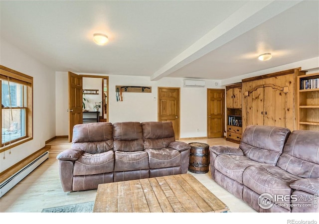 148 Granite Dr, Boulder, CO 80302 - living room featuring baseboard heating, a wall mounted AC, and light wood-type flooring