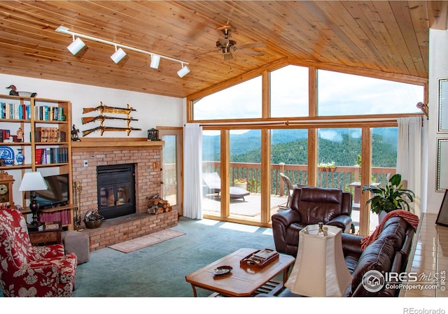 118 Alpine Dr, Estes Park, CO 80517 - living area with lofted ceiling, carpet, rail lighting, wooden ceiling, and a mountain view