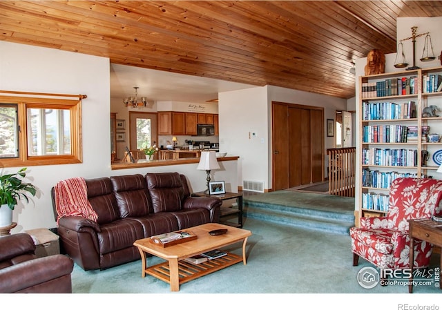 118 Alpine Dr, Estes Park, CO 80517 - living room with carpet, wooden ceiling, and vaulted ceiling