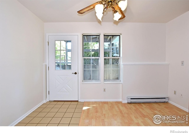 1601 W Swallow Rd Unit D, Fort Collins, CO 80526 - doorway to outside with a baseboard heating unit, ceiling fan, and light wood-style flooring