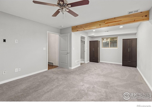 3207 Valmont St, Evans, CO 80620 - spare room featuring light colored carpet, recessed lighting, a ceiling fan, beam ceiling, and a smoke detector