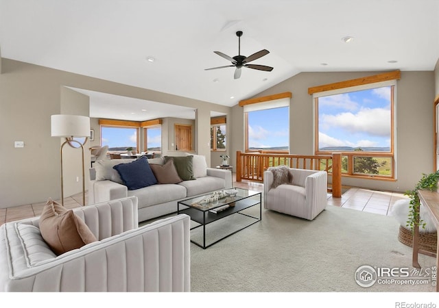 102 Bear Hollow Rd, Laporte, CO 80535 - carpeted living area with lofted ceiling, ceiling fan, tile patterned floors, and recessed lighting