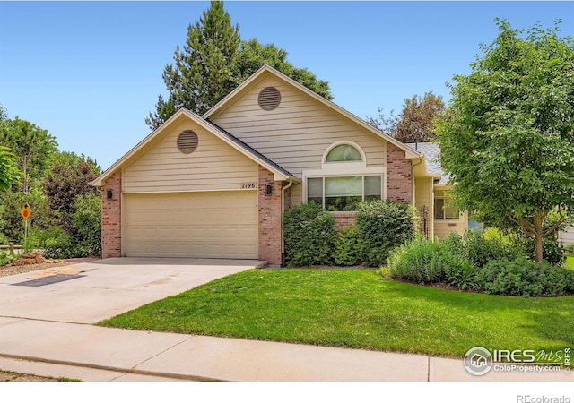 7196 Christopher Ct, Niwot, CO 80503 - ranch-style house featuring brick siding, an attached garage, concrete driveway, and a front lawn