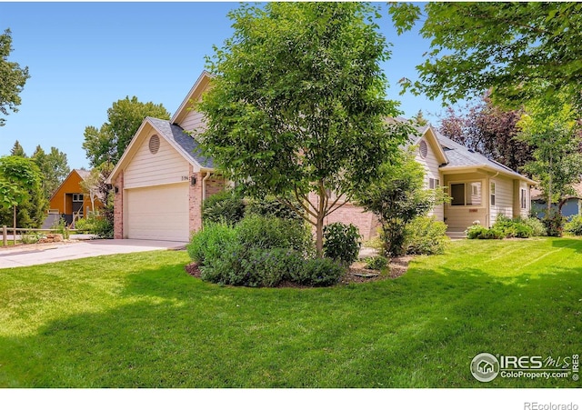 7196 Christopher Ct, Niwot, CO 80503 - obstructed view of property featuring brick siding, concrete driveway, a front yard, and an attached garage
