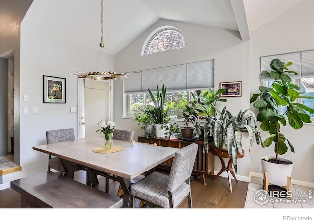 7196 Christopher Ct, Niwot, CO 80503 - dining room featuring a chandelier, wood finished floors, and high vaulted ceiling