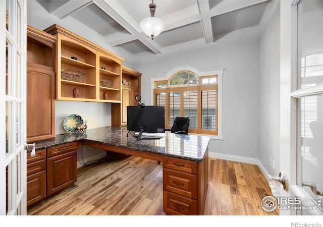 5424 Taylor Ln, Fort Collins, CO 80528 - office area featuring coffered ceiling, light wood-style floors, beamed ceiling, and built in desk