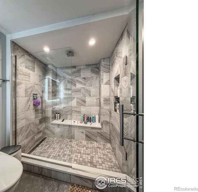 5004 Fox Hill Dr, Longmont, CO 80504 - full bathroom with a stall shower and recessed lighting
