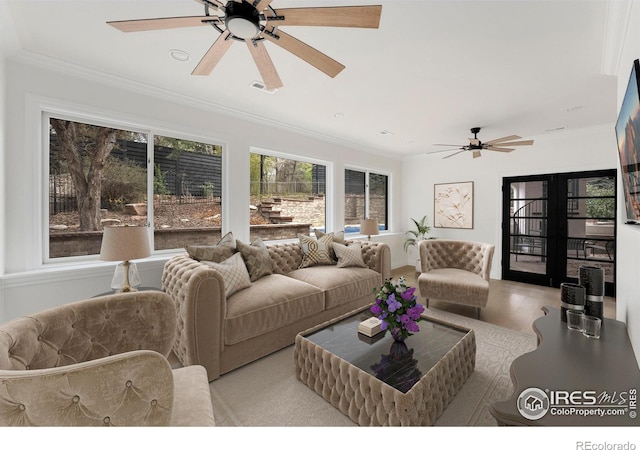 2111 E Alameda Ave, Denver, CO 80209 - living area with a ceiling fan, wood finished floors, and ornamental molding