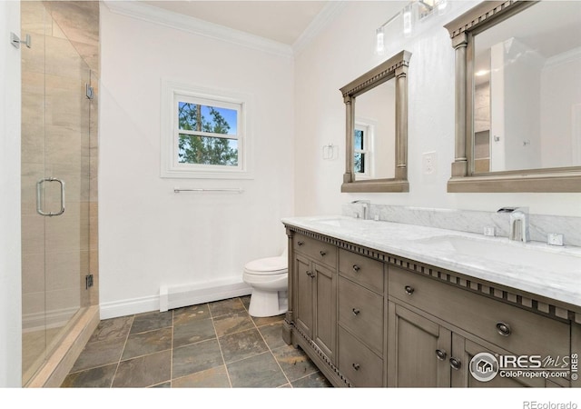 2111 E Alameda Ave, Denver, CO 80209 - full bathroom with double vanity, crown molding, a stall shower, a baseboard radiator, and stone finish flooring