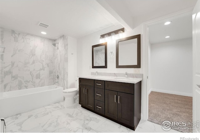 2111 E Alameda Ave, Denver, CO 80209 - bathroom featuring recessed lighting, double vanity, marble finish flooring, shower / washtub combination, and beam ceiling
