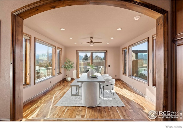 1740 N Ridge Ln, Estes Park, CO 80517 - dining room with recessed lighting, light wood-style floors, arched walkways, and ceiling fan