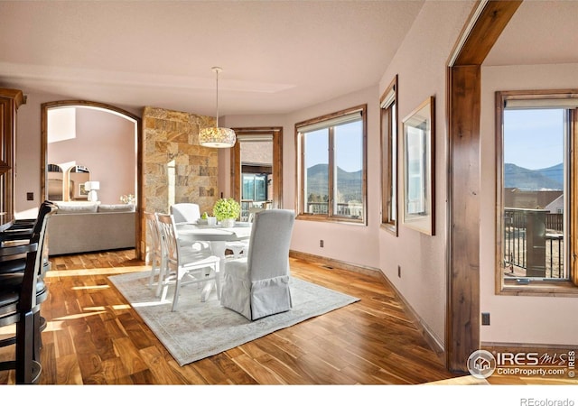 1740 N Ridge Ln, Estes Park, CO 80517 - dining space featuring a mountain view and wood finished floors