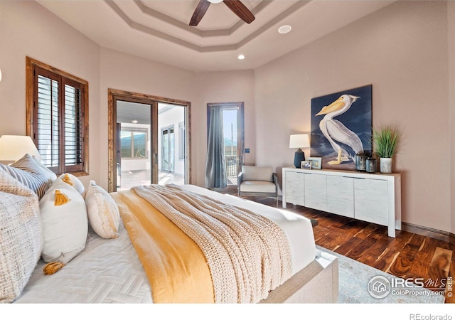 1740 N Ridge Ln, Estes Park, CO 80517 - bedroom with access to outside, recessed lighting, ceiling fan, dark wood-type flooring, and a raised ceiling