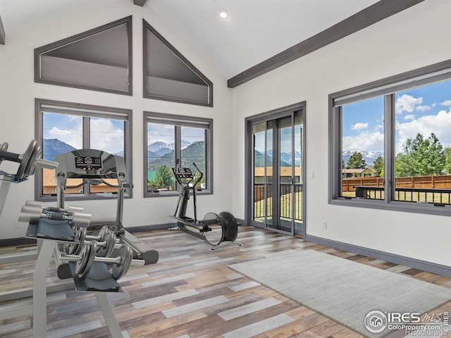 1740 N Ridge Ln, Estes Park, CO 80517 - exercise area featuring wood finished floors, plenty of natural light, recessed lighting, and high vaulted ceiling