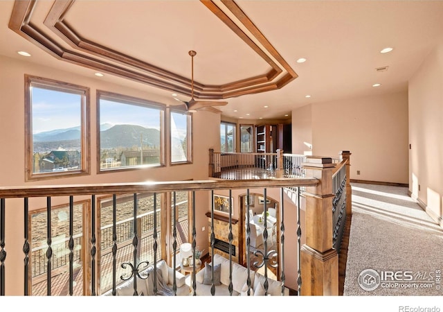 1740 N Ridge Ln, Estes Park, CO 80517 - hall featuring an upstairs landing, recessed lighting, a raised ceiling, carpet, and a mountain view