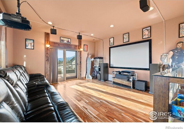 1740 N Ridge Ln, Estes Park, CO 80517 - home theater room with wood finished floors and recessed lighting