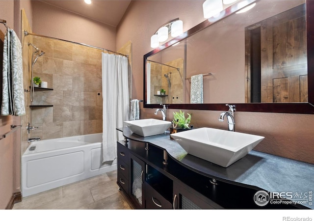 1740 N Ridge Ln, Estes Park, CO 80517 - full bath featuring shower / bath combination with curtain, double vanity, and tile patterned floors