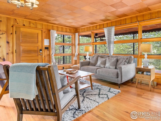 1650 Powelly Ln, Estes Park, CO 80517 - living area with a chandelier, wood finished floors, and wood walls