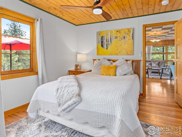 1650 Powelly Ln, Estes Park, CO 80517 - bedroom featuring wood ceiling, light wood finished floors, and a chandelier