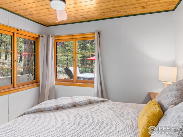 1650 Powelly Ln, Estes Park, CO 80517 - bedroom featuring wood ceiling and a ceiling fan