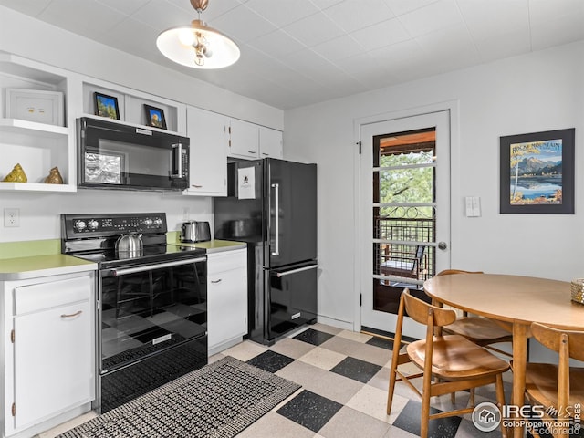 1650 Powelly Ln, Estes Park, CO 80517 - kitchen featuring black appliances, light flooring, light countertops, open shelves, and white cabinets