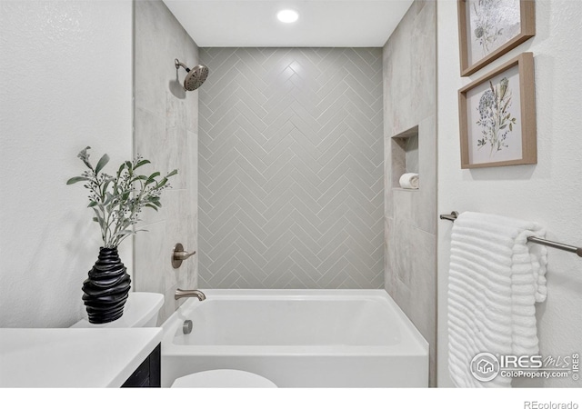 7826 Joan Dr, Denver, CO 80221 - bathroom with shower / bath combination, vanity, and recessed lighting