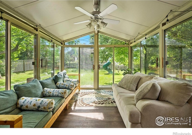 7423 Saulsbury St, Arvada, CO 80003 - sunroom / solarium with a ceiling fan, an outdoor hangout area, and vaulted ceiling