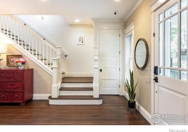 512 Marine St, Boulder, CO 80302 - foyer featuring wood finished floors, stairs, ornamental molding, and recessed lighting